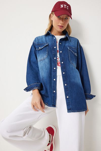 Happiness İstanbul Dunkelblaues Damen-Jeanshemd mit Kappe und Taschen – UL00044
