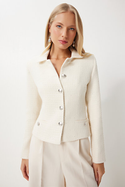 Happiness İstanbul Κρεμ Γυναικείο Tweed Μπουφάν - Πουκάμισο γιακά WF00087