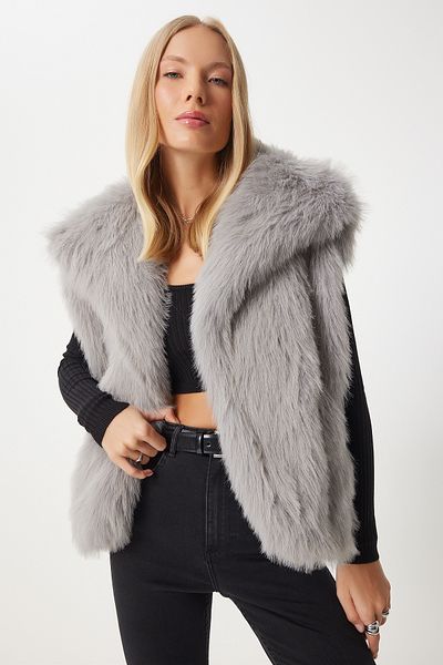 Happiness İstanbul Stone Gray Faux Fur Women's Vest - Yl00003