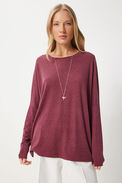 Happiness İstanbul Dried Rose Strickbluse mit Rundhalsausschnitt – Fledermausärmel EN00616
