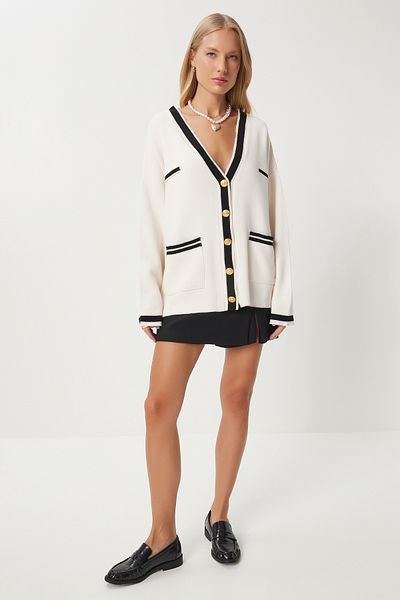 Happiness İstanbul Cardigan de tricotaj crem - cu detaliu dungi, US00931