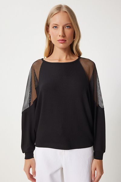 Happiness İstanbul Schwarze Strickbluse – Fledermausärmel, Mesh-Detail EN00621