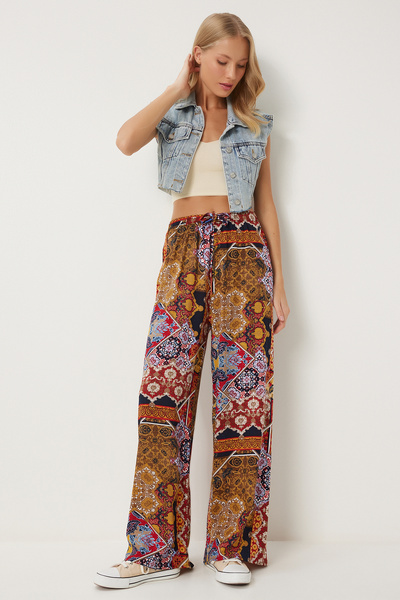 Happiness İstanbul Kadın Hardal Kiremit Desenli Dökümlü Viskon Palazzo Pantolon EN00606