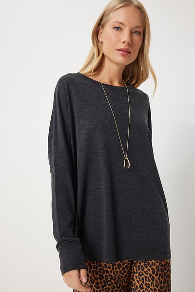 Happiness İstanbul Anthracite Color Women's Knitted Blouse - Crew Neck, Bat Sleeve En00616