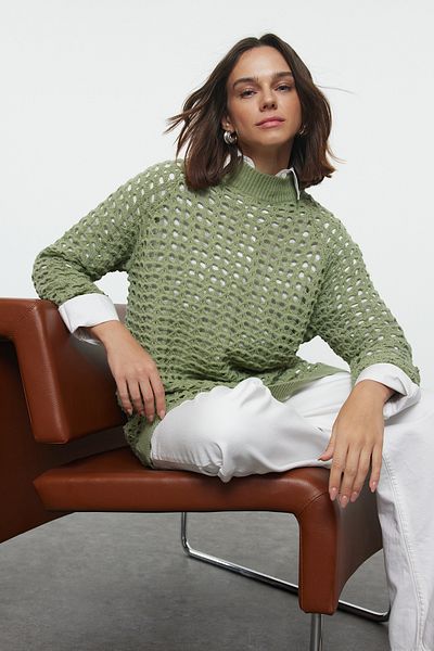 Trendyol Modest Pulover tricotat cu guler ajurat/perforat - kaki deschis TCTAW25AK00048