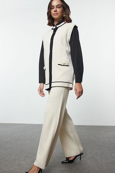 Trendyol Modest Light Beige and Black Piping Knitwear Vest Set - Tctaw25Us00031