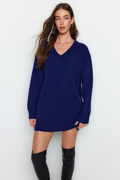 Trendyol Collection Sötétkék mini kötöttáru ruha - puha textúrájú Twoaw24el00086