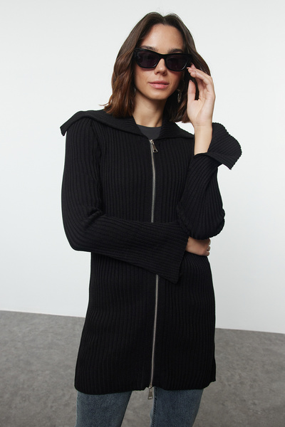 Trendyol Modest Široký límec černý pletený cardigan - zip Tctaw25Th00013