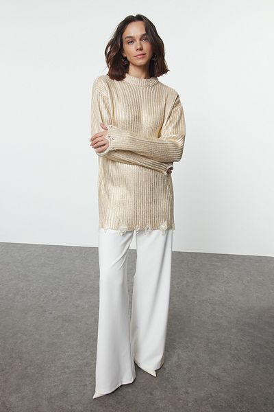 Trendyol Modest سترة تريكو مطبوعة برقائق الذهب TCTAW25AK00037
