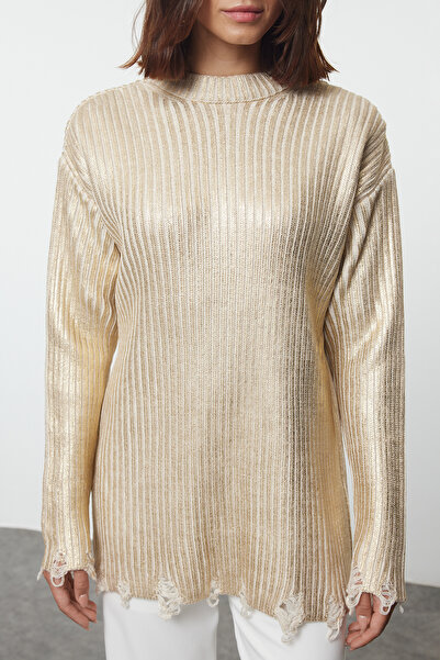 Trendyol Modest Πλεκτό πουλόβερ με σχέδιο χρυσού φύλλου - TCTAW25AK00037