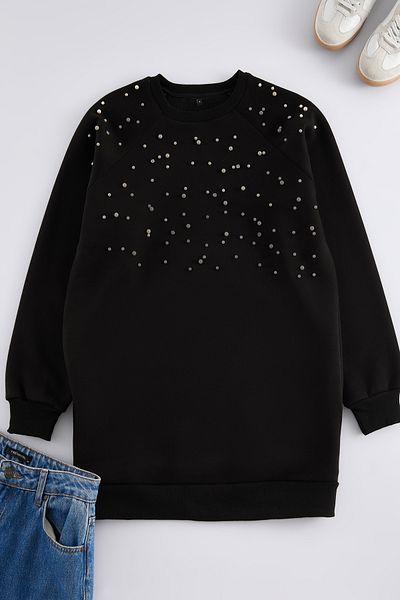Trendyol Modest Czarna podniesiona bluza z kamieniem akcesorium Tctaw25Tw00002