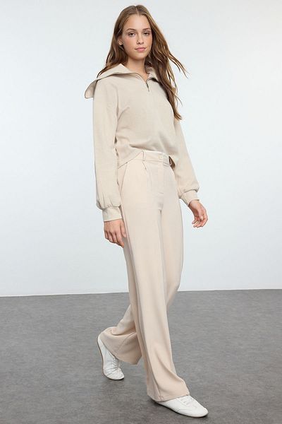 Trendyol Collection Beige Wide Leg Woven Trousers - Belt Detailed, TWOAW24PL00341