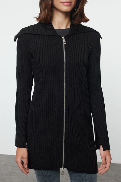 Trendyol Modest Široký límec černý pletený cardigan - zip Tctaw25Th00013