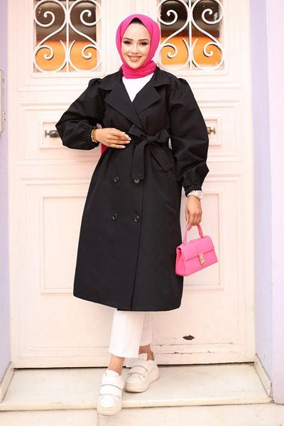 MİSSKAYLE Black Trench Coat - Shoulder Pleated Detail, Model 4429