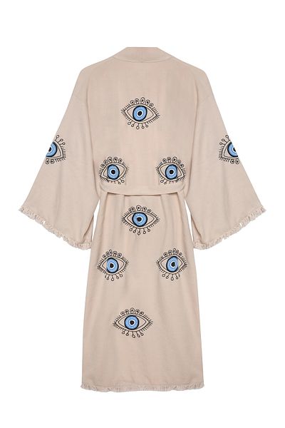Quzu Beige Kimono - Tassel Detailed Sleeves and Eye Embroidered