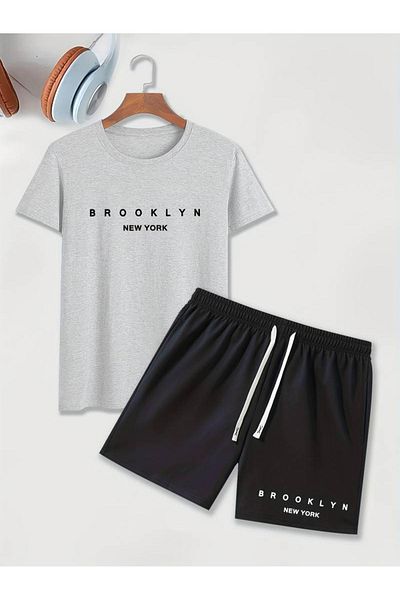 NO 601 Men's Newyork Printed Gray Shorts Tshirt Set