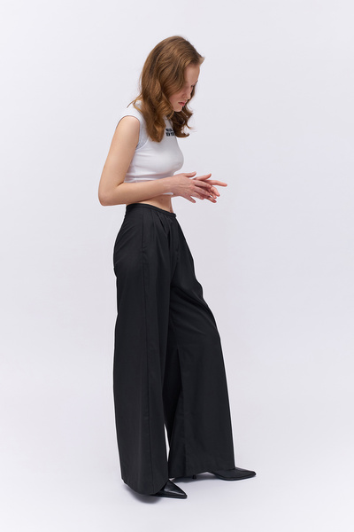 Quzu High Waist Trousers - Black, Pleat Detailed