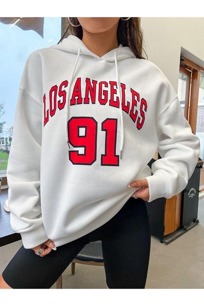 NO 601 Hanorac oversize alb - Losangeles 91 Printed