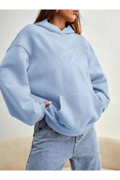 NO 601 Hanorac oversize cu imprimeu inimă pentru femei BabyBlue