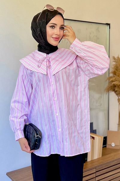 jldkids Baby Collar Powder Striped Hijab Shirt Tunik