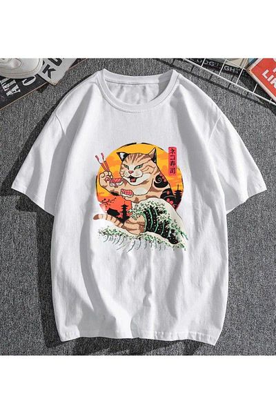 Pink Sky Artist Cat Printed White Unisex Oversize T-shirt