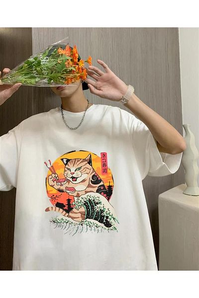 Pink Sky Artist Cat Printed White Unisex Oversize T-shirt