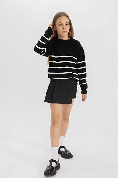 DeFacto Pulover școlar pentru fete, cu dungi negre, cu gâtul turn, 25k 801004857