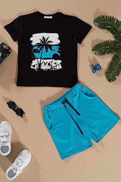 for you kids طقم شورت علوي أسود بطبعات سفاري