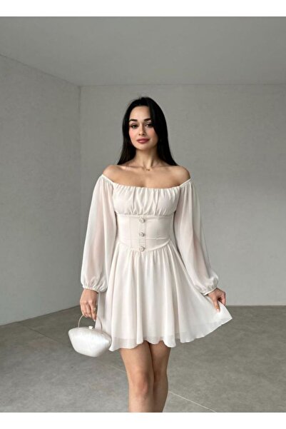 popibutik Düğme Detaylı Mini Şifon Elbise