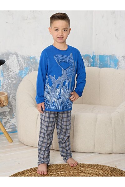 CLQTH Set de pijamale pentru băieți - albastru, rechin, set de dormit confortabil cu model în carouri