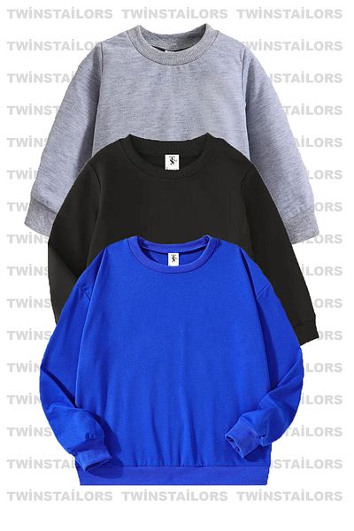 twins tailors Детски ученически суитшърт с кръгло деколте, унисекс сиво-синьо-черен пакет от 3 бр.