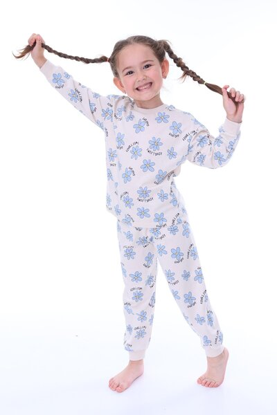 bunny hopp %100 Pamuk Çiçek Desenli Uzun Kollu Kız Çocuk Pijama Takımı (3,4,5,6,7,8 YAŞ)