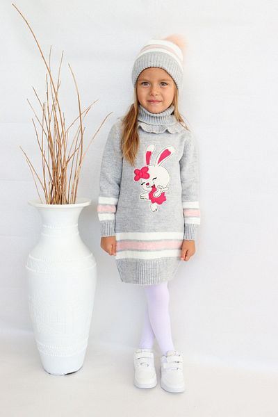 Sevimli Girl - Beret and Neck Collar Knitwear Sweater and Dress 3-Piece Set