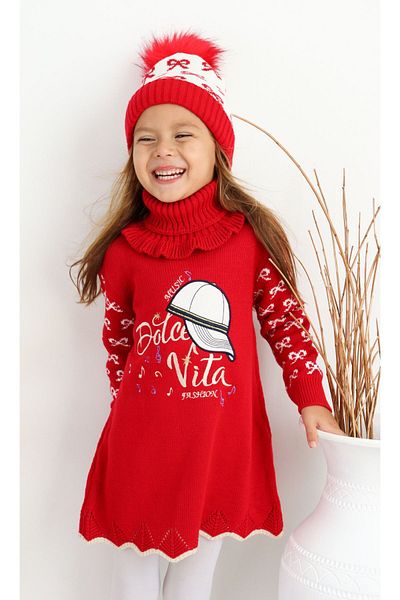 Sevimli 3-Piece Knitwear Dress Set for Girls - Beret and Neck Collar Detailed Sweater