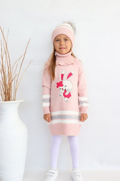 Sevimli Girl's Sweater Beret and Neck Collar Knitwear Dress Set of 3