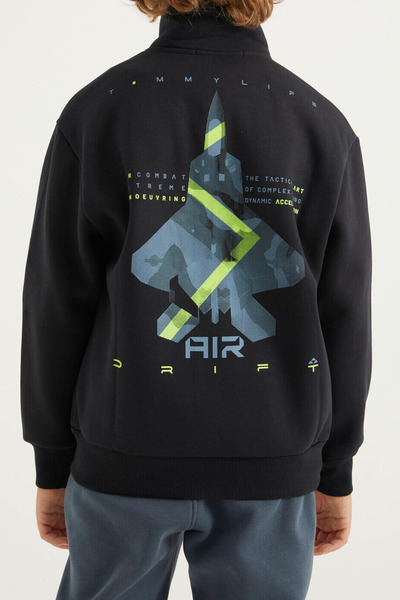 TOMMY LIFE 7-15 Years Old Boy Zippered Stand-Up Collar Back Printed Raised Sweatshirt 11021 Navy Blue