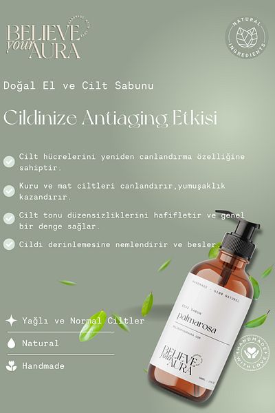 Believe Your Aura Natural Hand and Skin Liquid Soap with Palmarosa Plant Extract - Aloe Vera Extract with Vitamin E Additive - 500 ml