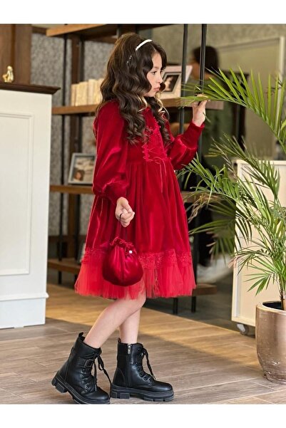 Kids Kız Çocuk Kadife Elbise Taç Çanta Kolye