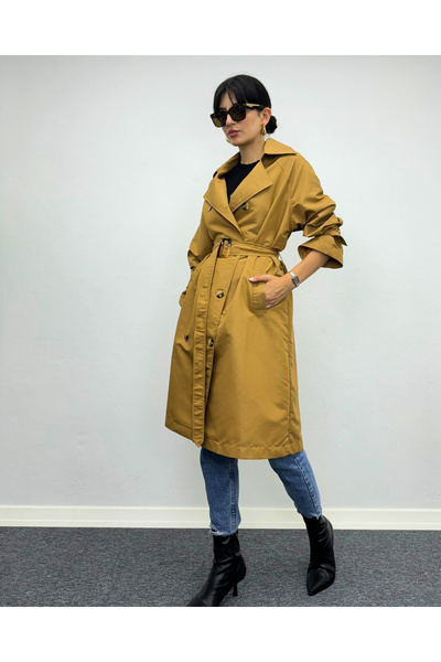 deqfashion Taba Düğme Detaylı Astarsız Reglan Kol Oversize Trençkot
