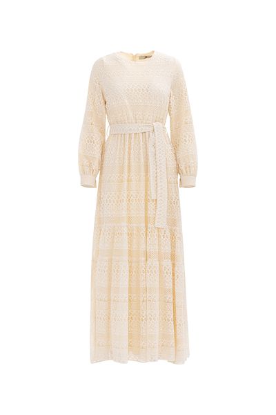 SEÇİL Women's Belted Long Sleeve Lace Dress-Cream