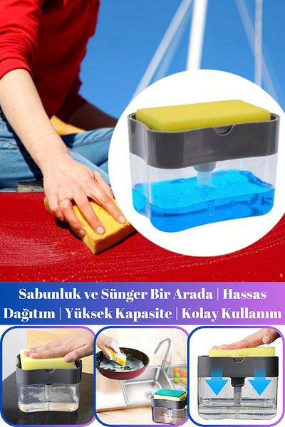 Hane Dostu Practical Press-On Liquid Soap Dispenser Pump and Dishwashing Sponge Reservoir - Super Set of 2