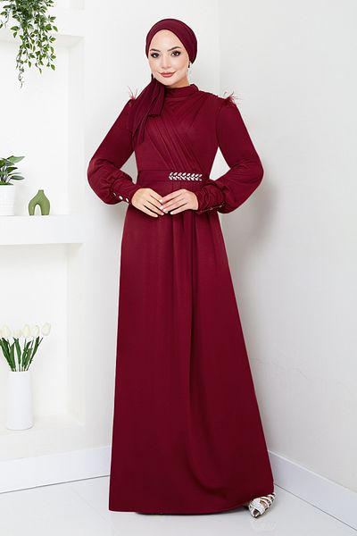 ModaMerve Burgundy Hijab Evening Dress - Stone Detailed, Model 271Dvl897-M