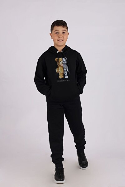 BUSEYİZ ROBOTIC BEAR PRINT DETALAT GUPI CU BUZUUNAR CANGURO SUB TOP SET TRENC...