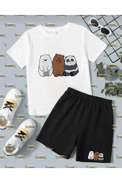 Pink Sky Kafadar Bears Printed T-Shirt Shorts Tracksuit Bottom Top Set