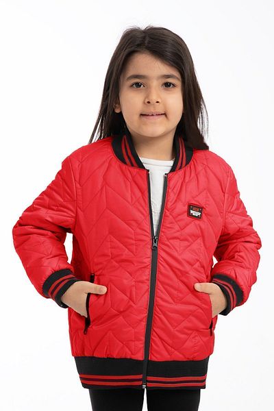 Montup Girl's Red Water and Windproof Zippered Pocket Jacket - College Collar and Lined