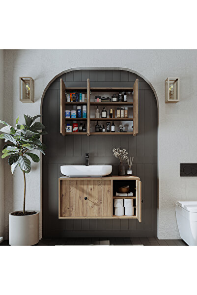 ROOMART Oval Lavabolu Mat Mdf 90 Cm Çekmeceli Banyo Dolabı + Aynalı Üst Dolabı