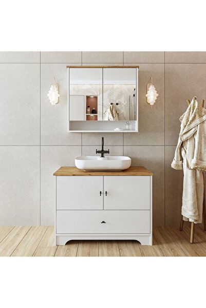 ROOMART Oval Lavabolu Mat Beyaz Mdf 100 Cm Çekmeceli Banyo Dolabı + Aynalı Üs...