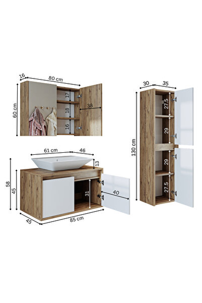 ROOMART Roomarttm7.3 Lavabolu Ahşap-mat Beyaz Mdf 85 Cm Banyo Dolabı+aynalı Banyo Üst Dolabı+boy Dolabı