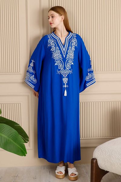 Eceyaman moda women's blue and white sleeves and collar embroidery detailed Battal plus size dress