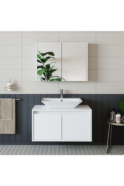 ROOMART Banos Banyo Tm7.2 Mat Beyaz Mdf 85 Cm Banyo Dolabı + Aynalı Banyo Üst Dolabı